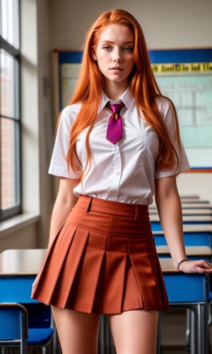 super realistic image, high quality uhd 8K, of 1 girl, detailed realistic ((slim body, high detailed)), (tall model), redhead, long ginger hair, high detailed realistic skin, ((school uniform with miniskirt, intrincate detailed)), real vivid colors, standing