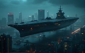 at night, huge futuristic aircraft carrier, flying over the city of metal and glass, photorealistic image, masterpiece, best quality, 8K, sharp focus