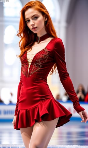 super realistic image, high quality uhd 8K, of 1 girl, detailed realistic ((slim body, high detailed)), skinny waist, (tall model), redhead, long ginger hair, high detailed realistic skin, (ice skating miniskirt dress), in skating championship, real vivid colors,