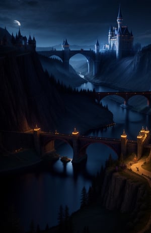at night, epic fantasy castle, with bridge, torches along the bridge, a river, an army of paladins guarding it, moonlit, realistic photography, masterpiece, high quality UHD 8K