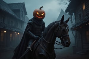 Photorealistic image ((Masterpiece)), ((high quality)) UHD 8K, creates a demon rider with a pumpkin as a head, the headless horseman of Sleepy Hollow, black leather armor, black cape, (sword in the right hand), riding with his demonic steed from hell, gloomy horror movie atmosphere, gloomy and dark atmosphere, through the streets of Sleepy hollow