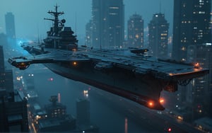 at night, huge futuristic aircraft carrier, flying over the city of metal and glass, photorealistic image, masterpiece, best quality, 8K, sharp focus