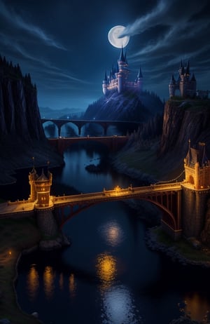 at night, epic fantasy castle, with bridge, torches along the bridge, a river, (an army of paladins guarding it), moonlit, realistic photography, masterpiece, high quality UHD 8K