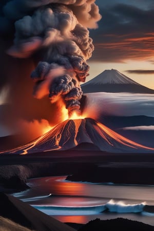 photorealistic image, ((masterpiece, high quality of detail, UHD 8K)), of a volcano in full eruption, making clouds of ash, magma lava and fireballs, on the slope of the volcano a fishing town in evacuation by the sea, camera view from the sea, very sharp image