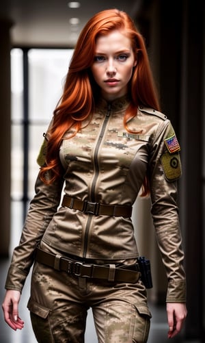 super realistic image, high quality uhd 8K, of 1 girl, detailed realistic ((slim body, high detailed)), (tall model), redhead, long ginger hair, high detailed realistic skin, (military camouflage uniform, combat soldier with his sight rifle), real vivid colors, standing