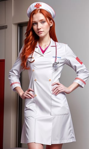 super realistic image, high quality uhd 8K, of 1 girl, detailed realistic ((slim body, high detailed)), (tall model), redhead, long ginger hair, high detailed realistic skin, ((white nurse uniform)), real vivid colors, standing,LABCOAT OVER SCRUBS