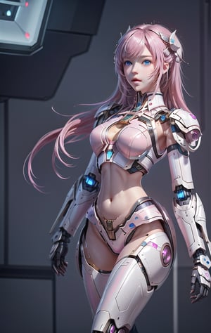 Photorealistic Image ((Masterpiece)), ((High Quality)) UHD 8K, of a Beautiful, Realistic Slim Lights Transforming Robot, (Medium Chest), (Skinny Waist), (Long pink Hair), (blue Eyes) , ((Hyper-realistic mecha armor, with pink metal and intricate ice white lights)), (in combat position, on a futuristic ship, science fiction), Photo realistic, Natural lighting, professional DSLR camera,mecha,mecha_girl_figure
