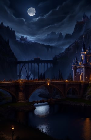 at night, epic fantasy castle, with bridge, torches along the bridge, (((an army of paladins guarding it))), moonlit, realistic photography, masterpiece, high quality UHD 8K