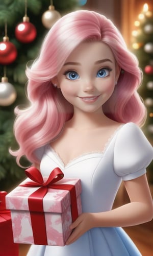Super realistic 8K UHD image (((Masterpiece))), (((Best quality))), ((ultra definition)), of a beautiful and smiling 3d Disney girl, blue eyes. pink hair. little white dress, opening Christmas presents next to the tree in the living room, 1 excited girl, bright pretty face