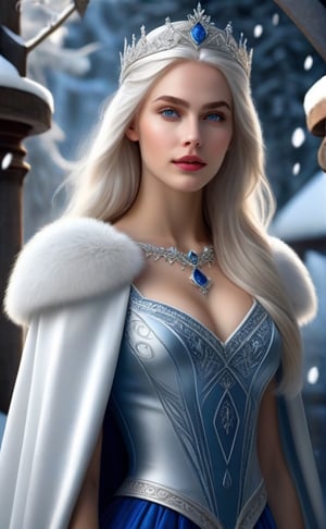 Photorealistic image ((Masterpiece)), ((High quality)) UHD 8K, of a beautiful girl Realistic, Thin, tall, (Medium chest), (Skinny waist), (Long, snow-white hair), (Intense blue eyes , shiny), ((ice princess crown)), ((princess dress with neckline and snow-white cape, intricate details, runic symbols)), ultra-realistic full body, photo realistic, natural lighting, professional DSLR camera