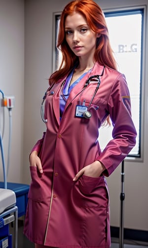 super realistic image, high quality uhd 8K, of 1 girl, detailed realistic ((slim body, high detailed)), (tall model), redhead, long ginger hair, high detailed realistic skin, ((ICU emergency doctor uniform)), real vivid colors, standing,LABCOAT OVER SCRUBS