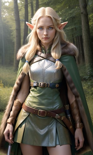 Photorealistic image ((Masterpiece)), ((high quality)) UHD 8K, of a beautiful girl, Viking elf warrior, slim, tall, (long elf ears), (medium chest), (skinny waist), (hair long blonde), (deep blue eyes), ((Leather armor with short green skirt and intricate details, Various belts at waist), (Arrow holster at waist), ((fur cape)), (on the forest), Natural lighting, professional DSLR camera,pikkyhighelf,high_elf_archer