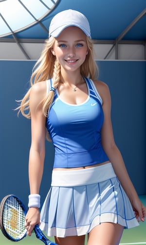 Photorealistic image ((masterpiece)), ((high quality)) UHD 8K, of a happy, smiling female tennis player, (medium chest), (thin waist), wearing (irrant dress with blue and white tennis miniskirt), luminous blue eyes, long blonde hair, blue cap, (racquet in right hand), playing in a tennis pavilion,
