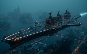 at night, huge futuristic aircraft carrier, flying over the city of metal and glass, photorealistic image, masterpiece, best quality, 8K, sharp focus