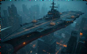 at night, huge futuristic aircraft carrier, flying over the city of metal and glass, photorealistic image, masterpiece, best quality, 8K, sharp focus