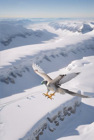 Photorealistic image, ((masterpiece, high quality of detail, UHD 8K)), of a realistic falcon in full flight, large wingspan, white feather color, flying over snowy mountains camera seen from the air, very sharp image