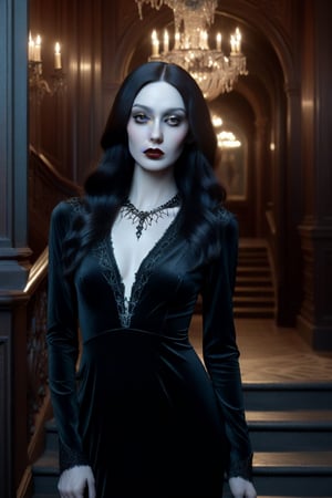 Photorealistic image ((Masterpiece)), ((High quality)) UHD 8K, of a woman Realistic, Morticia adams, Thin, tall, (pale skin, black lips), (Medium chest), (Skinny waist), (Hair long and dark), (Black eyes, black eye shadow), ((chandelier with lit candles in right hand)), ((long dress with black neckline, intricate details)), ultra-realistic full body, (on some stairs of a gloomy and somber mansion ), photo realistic, natural lighting, professional DSLR camera