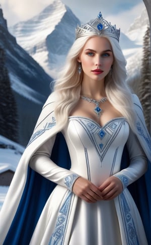 Photorealistic image ((Masterpiece)), ((High quality)) UHD 8K, of a beautiful girl Realistic, Thin, tall, (Medium chest), (Skinny waist), (Long, snow-white hair), (Intense blue eyes , shiny), ((ice princess crown)), ((princess dress with neckline and snow-white cape, intricate details, runic symbols)), ultra-realistic full body, photo realistic, natural lighting, professional DSLR camera