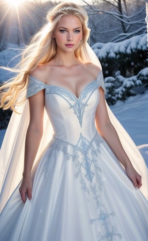 Photorealistic image ((Masterpiece)), ((High quality)) UHD 8K, of a beautiful girl Realistic, Thin, tall, (Medium chest), (Skinny waist), (Long, snow-white hair), (Intense blue eyes , shiny), ((ice princess crown)), ((princess dress with neckline and snow-white cape, intricate details, runic symbols)), ultra-realistic full body, photo realistic, natural lighting, professional DSLR camera