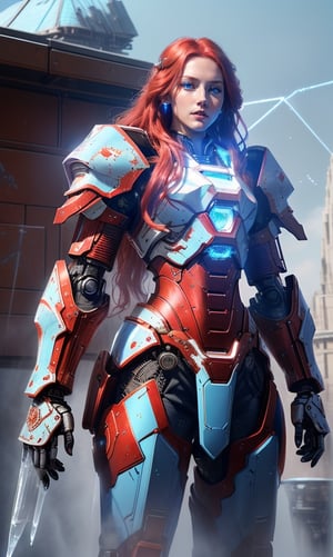 Photorealistic image ((Masterpiece)), ((high quality)) UHD 8K, of a beautiful, slim and realistic mecha transforming Robot, (medium chest), (skinny waist), (long red hair), (blue eyes), ((Hyper-realistic mecha armor, with red metal and intricate ice blue lights)), (in combat position, in a futuristic ship, science fiction