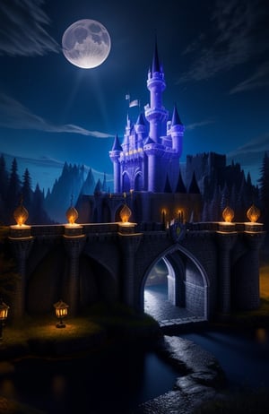at night, epic fantasy castle, with bridge, torches along the bridge, (an army of paladins guarding it), moonlit, realistic photography, masterpiece, high quality UHD 8K