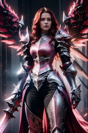 Character design, 1 girl, warrior of Xian, slim body, medium chest, skinny waist, ((long deep red hair)). blue eyes. (((pink fantasy a female knight in a pink full armor))), (((big pauldrons, intricate details))), (((large armor wings))), (((advanced weapon fantasy plasma sword in right hand))), (standing), (((front body view))) plain gray background, masterpiece, HD high quality, 8K ultra high definition, ultra definition,Masterpiece