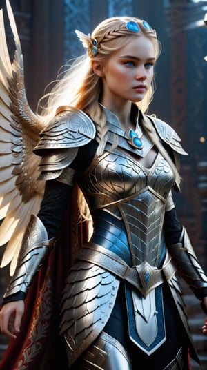 Photorealistic image ((Masterpiece)), ((high quality)) UHD 8K, of a real Viking goddess FREIYA, beautiful, slim, full body, (freckles on face), (long blonde hair), (blue eyes ), (((Hyper-realistic full armor, with ivory-white metal and intricate details))), (((helmet with large wings))), ((long feather cape)), (in guardian position, in Asgard), Photo realistic, natural lighting, professional DSLR camera,F41Arm0rXL ,mecha