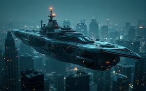 at night, huge futuristic aircraft carrier, flying over the city of metal and glass, photorealistic image, masterpiece, best quality, 8K, sharp focus