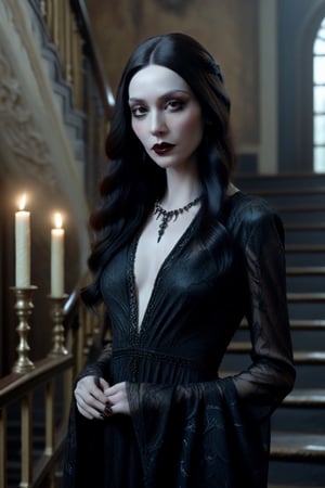 Photorealistic image ((Masterpiece)), ((High quality)) UHD 8K, of a woman Realistic, Morticia adams, Thin, tall, (pale skin, black lips), (Medium chest), (Skinny waist), (Hair long and dark), (Black eyes, black eye shadow), (((chandelier with lit candles in right hand))), ((long dress with black neckline, intricate details)), ultra-realistic full body, (on some stairs of a gloomy and somber mansion ), photo realistic, natural lighting, professional DSLR camera