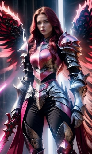 Character design, 1 girl, warrior of Xian, slim body, medium chest, skinny waist, ((long deep red hair)). blue eyes. (((pink fantasy a female knight in a pink full armor))), (((big pauldrons, intricate details))), (((large armor wings))), (((advanced weapon fantasy plasma sword in right hand))), (standing), (((front body view))) plain gray background, masterpiece, HD high quality, 8K ultra high definition, ultra definition,