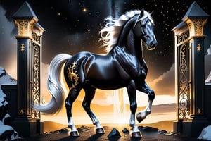 Hyperrealistic image ((masterpiece)) UHD 8K of Slepneir, Nordic mythological horse, (black color with micro stars), (white hair and big tail). (((8-legged horse))), (((four front legs and four hind legs))) (((in the gates of golden valhalla)))