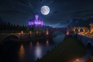 at night, walls of an epic fantasy castle, (((defended by army of paladins))), with bridge, torches along the bridge, a river, illuminated by the moon, realistic photography, masterpiece, high quality UHD 8K