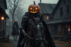 Photorealistic image ((Masterpiece)), ((high quality)) UHD 8K, creates a demon rider with a pumpkin as a head, the headless horseman of Sleepy Hollow, black leather armor, black cape, (sword in the right hand), riding with his demonic steed from hell, gloomy horror movie atmosphere, gloomy and dark atmosphere, through the streets of Sleepy hollow