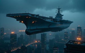 at night, huge futuristic aircraft carrier, flying over the city of metal and glass, photorealistic image, masterpiece, best quality, 8K, sharp focus