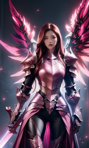 Character design, 1 girl, warrior of Xian, slim body, medium chest, skinny waist, ((long deep red hair)). blue eyes. (((pink fantasy a female knight in a pink full armor))), (((big pauldrons, intricate details))), (((large armor wings))), (((advanced weapon fantasy plasma sword in right hand))), (standing), plain gray background, masterpiece, HD high quality, 8K ultra high definition, ultra definition,