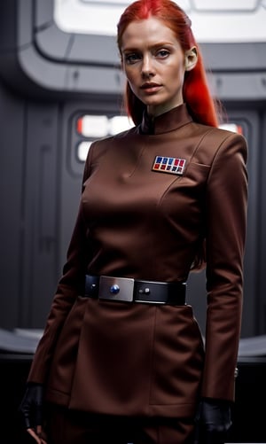 super realistic image, high quality uhd 8K, of 1 girl, detailed realistic ((slim body, high detailed)), (tall model), redhead, long ginger hair, high detailed realistic skin, (star wars mperial officer uniform), real vivid colors, standing,imperialofficer uniform