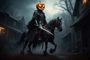 Photorealistic image ((Masterpiece)), ((high quality)) UHD 8K, creates a demon rider with a pumpkin as a head, the headless horseman of Sleepy Hollow, black leather armor, black cape, (sword in the right hand), riding with his demonic steed from hell, gloomy horror movie atmosphere, gloomy and dark atmosphere, through the streets of Sleepy hollow