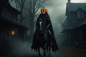 Photorealistic image ((Masterpiece)), ((high quality)) UHD 8K, creates a demon rider with a pumpkin as a head, the headless horseman of Sleepy Hollow, black leather armor, black cape, (sword in the right hand), riding with his demonic steed from hell, gloomy horror movie atmosphere, gloomy and dark atmosphere, through the streets of Sleepy hollow