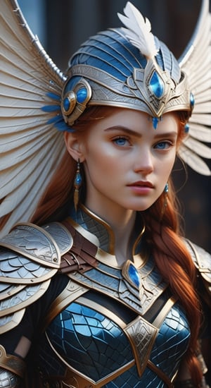 Photorealistic image ((Masterpiece)), ((high quality)) UHD 8K, of a real Viking goddess FREIYA, beautiful, slim, full body, (freckles on face), (long red hair), (blue eyes ), (((Hyper-realistic full armor, with ivory-white metal and intricate details))), (((helmet with large wings))), ((long feather cape)), (in guardian position, in Asgard), Photo realistic, natural lighting, professional DSLR camera,F41Arm0rXL 