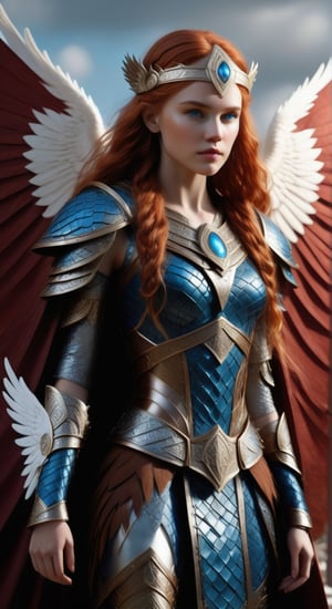 Photorealistic image ((Masterpiece)), ((high quality)) UHD 8K, of a real Viking goddess FREIYA, beautiful, slim, full body, (freckles on face), (long red hair), (blue eyes ), (((Hyper-realistic full armor, with ivory-white metal and intricate details))), (((helmet with large wings))), ((long feather cape)), (in guardian position, in Asgard), Photo realistic, natural lighting, professional DSLR camera,F41Arm0rXL 