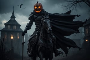 Photorealistic image ((Masterpiece)), ((high quality)) UHD 8K, creates a demon rider with a pumpkin as a head, the headless horseman of Sleepy Hollow, black leather armor, black cape, (sword in the right hand), riding with his demonic steed from hell, gloomy horror movie atmosphere, gloomy and dark atmosphere, through the streets of Sleepy hollow