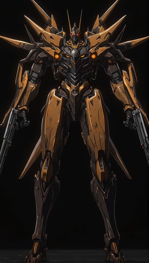 An intense, highly detailed mecha with a fierce and wild look, featuring sharp spikes and large, advanced weapons. The mecha has a striking golden and black color scheme, with glowing red eyes. Its armor shows intricate textures, giving it a complex, realistic feel. Shadows and highlights add depth, emphasizing the spikes and guns, making the design look aggressive and unstoppable. It stands against a dark background, dramatically lit to enhance its powerful presence