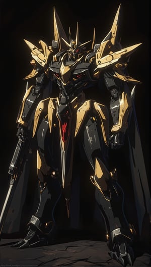 An intense, highly detailed mecha with a fierce and wild look, featuring sharp spikes and large, advanced weapons. The mecha has a striking golden and black color scheme, with glowing red eyes. Its armor shows intricate textures, giving it a complex, realistic feel. Shadows and highlights add depth, emphasizing the spikes and guns, making the design look aggressive and unstoppable. It stands against a dark background, dramatically lit to enhance its powerful presence