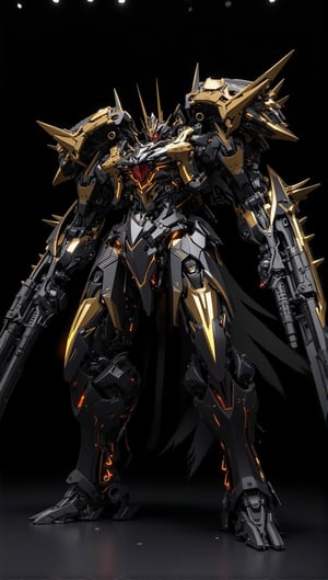 An intense, highly detailed mecha with a fierce and wild look, featuring sharp spikes and large, advanced weapons. The mecha has a striking golden and black color scheme, with glowing red eyes. Its armor shows intricate textures, giving it a complex, realistic feel. Shadows and highlights add depth, emphasizing the spikes and guns, making the design look aggressive and unstoppable. It stands against a dark background, dramatically lit to enhance its powerful presence