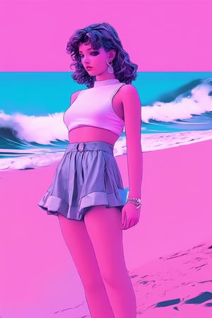 (Vaporwave Aesthetic:1.8), Beautiful vaporwave aesthetics in artwork, GTA girls on beach,slim 