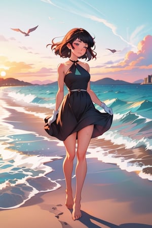 Generate a stunning AI artwork that portrays a young woman standing at the edge of a pristine seaside shore. She is adorned in an elegant, ankle-length black dress adorned with intricate white flowers, a piece that combines sophistication with a touch of whimsy. The dress flows gracefully in the coastal breeze, accentuating her graceful silhouette.

The woman wears a pair of delicate, elbow-length white gloves that add an element of refinement to her ensemble. Her hair, kissed by the salt-tinged air, flows gently in the wind, framing her face with an air of timeless beauty. She stands barefoot in the cool, wet sand, the gentle waves of the sea lapping at her feet.

As the sun dips below the horizon, the sky above is a canvas of soft, pastel hues, with shades of pink, lavender, and gold blending harmoniously. The woman gazes upward, her eyes reflecting the serene, contemplative mood of the moment.

This artwork should capture the enchanting intersection of elegance and natural beauty, conveying the sense of calm and wonder inspired by the seaside at twilight