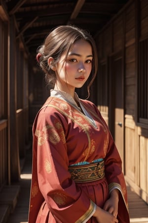 Generate an AI artwork featuring a Western girl wearing traditional attire, set against a beautifully detailed background