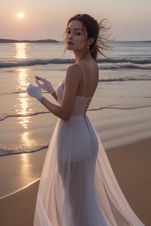 Create an evocative AI-generated artwork that captures the timeless beauty of a young girl standing at the seaside. She is elegantly dressed in a long black flower dress that billows gently in the sea breeze. White gloves adorn her hands, adding a touch of vintage charm to her attire.

The scene is set against the backdrop of the tranquil sea, its waters reflecting the soft hues of the setting sun. The girl gazes upward, her eyes fixed on the vast expanse of the evening sky, which is painted with a palette of warm, dreamy colors. The fading light bathes her in a soft, ethereal glow, casting a serene and contemplative atmosphere over the entire scene. This artwork should convey a sense of timeless grace and the profound beauty of nature.