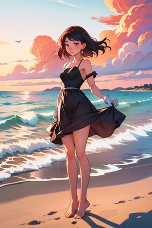 Generate a stunning AI artwork that portrays a young woman standing at the edge of a pristine seaside shore. She is adorned in an elegant, ankle-length black dress adorned with intricate white flowers, a piece that combines sophistication with a touch of whimsy. The dress flows gracefully in the coastal breeze, accentuating her graceful silhouette.

The woman wears a pair of delicate, elbow-length white gloves that add an element of refinement to her ensemble. Her hair, kissed by the salt-tinged air, flows gently in the wind, framing her face with an air of timeless beauty. She stands barefoot in the cool, wet sand, the gentle waves of the sea lapping at her feet.

As the sun dips below the horizon, the sky above is a canvas of soft, pastel hues, with shades of pink, lavender, and gold blending harmoniously. The woman gazes upward, her eyes reflecting the serene, contemplative mood of the moment.

This artwork should capture the enchanting intersection of elegance and natural beauty, conveying the sense of calm and wonder inspired by the seaside at twilight