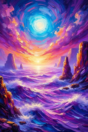 A stunning landscape painting in an imaginative style, depicting a fantastical scene on a planet with a vibrant purple sea and two suns—one blue and one white—setting on the horizon. The visual trait is intensity, with bold brushstrokes capturing the dramatic interplay of colors in the sky and the shimmering waves. The composition is dynamic, conveying a sense of wonder and the awe-inspiring beauty of this otherworldly environment.